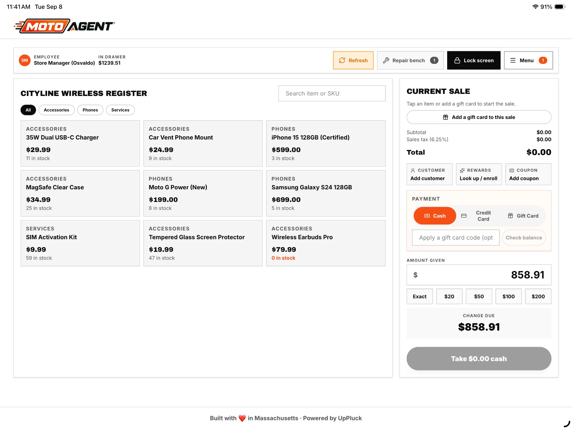 Moto Agent POS register used in a hybrid retail and repair store