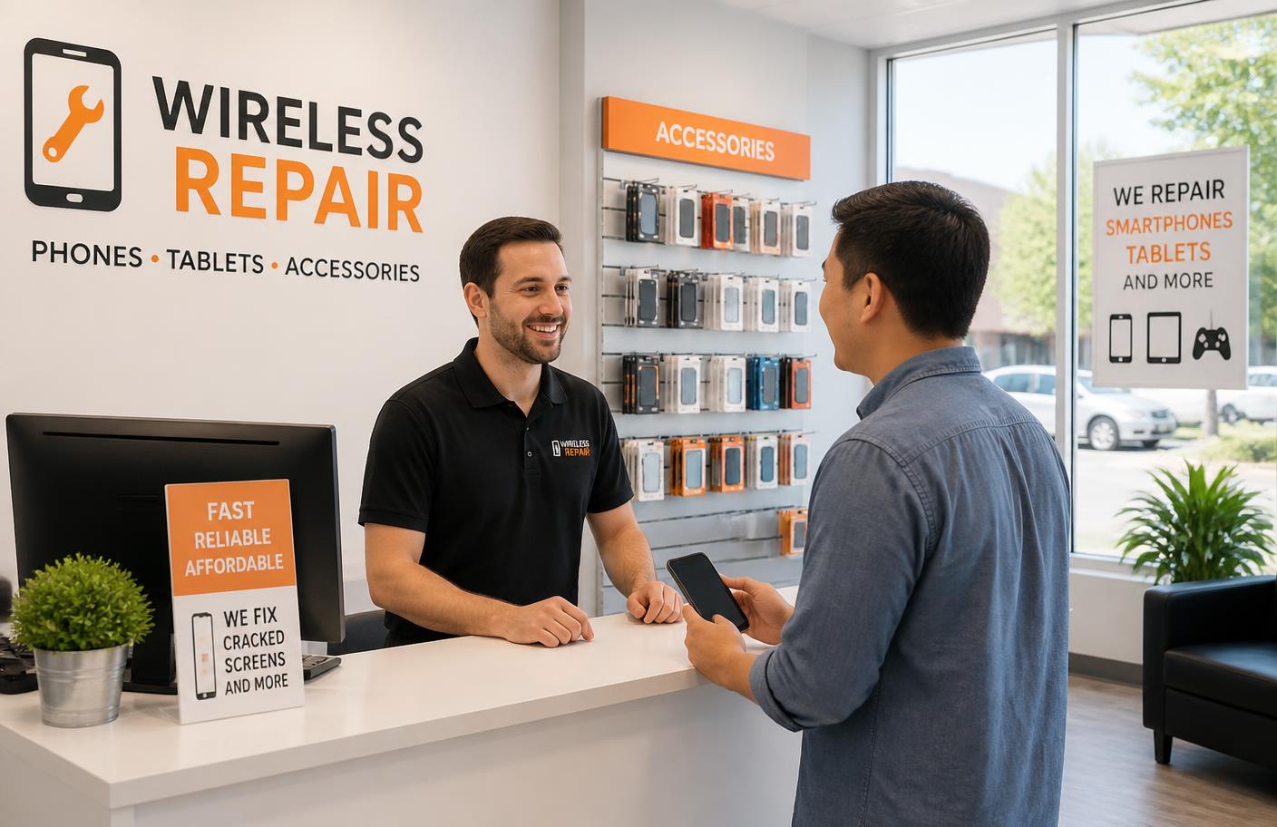 Technician helping a customer at a wireless repair store counter