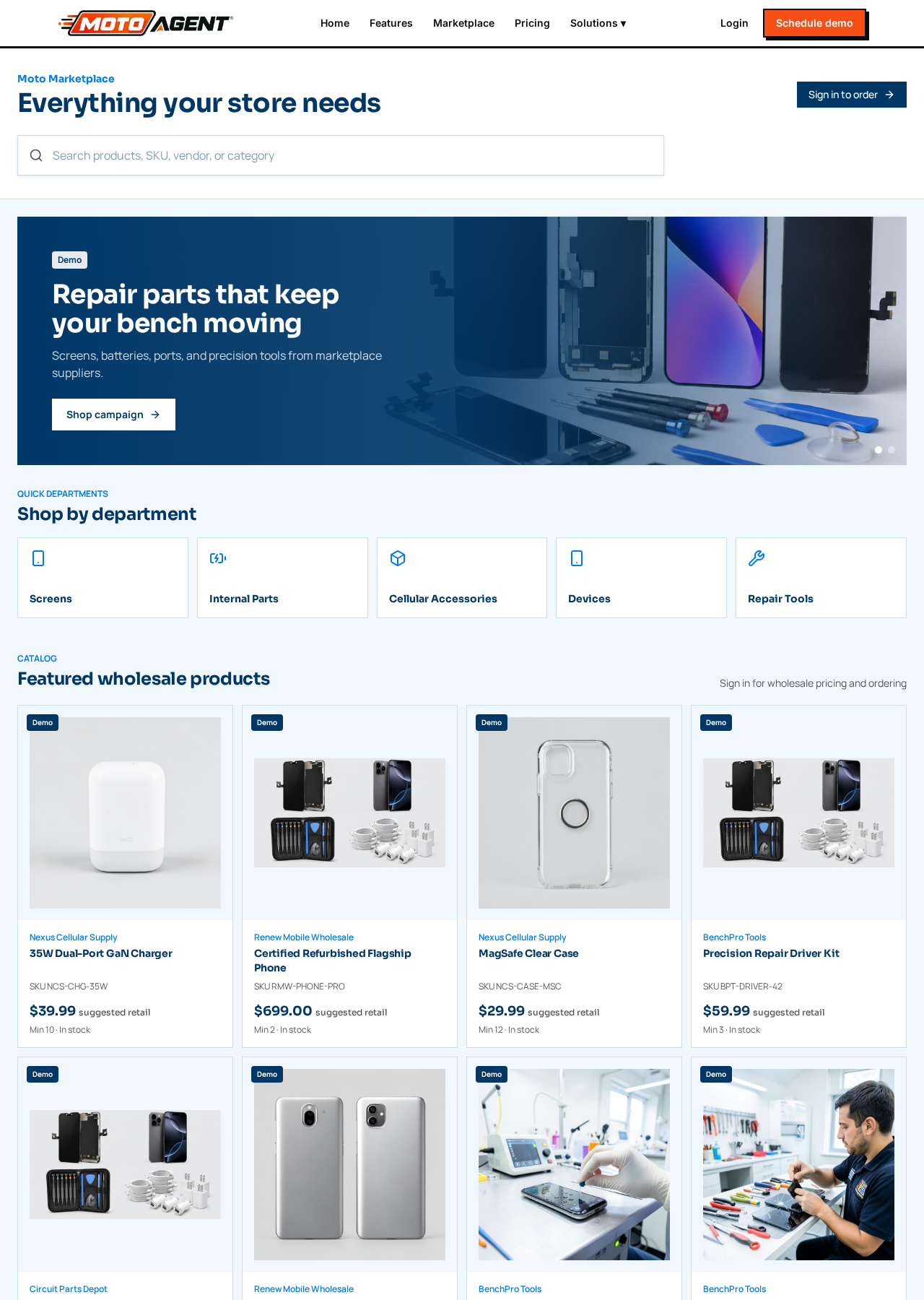 Browse demo suppliers, highlighted products, departments, and approved marketplace campaigns